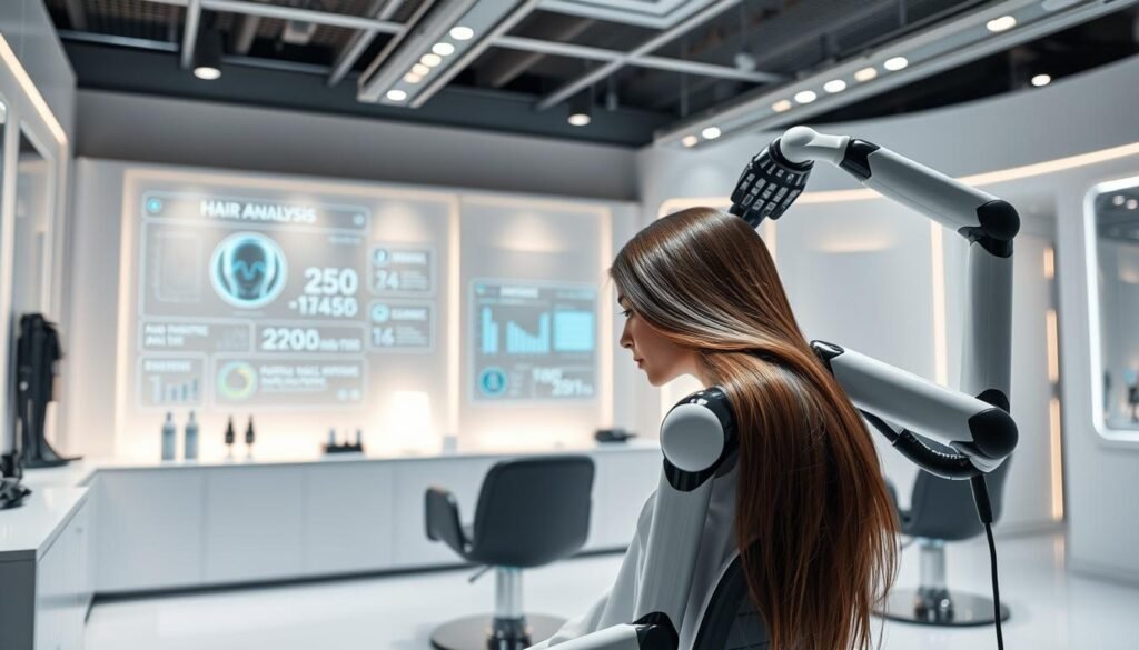 A sleek, futuristic salon with stylized robotic arms and AI-powered hair care tools. In the foreground, a stylized model sits with their head tilted back, their hair being expertly styled by the robotic arms. The middle ground features a clean, minimalist aesthetic with holographic displays showcasing hair analysis data and personalized styling recommendations. The background is a softly lit, chrome-accented space with subtle ambient lighting, conveying a sense of advanced technology and innovation in the field of hair care. The overall mood is one of high-tech sophistication, where the latest advancements in AI seamlessly integrate with the art of hairstyling.