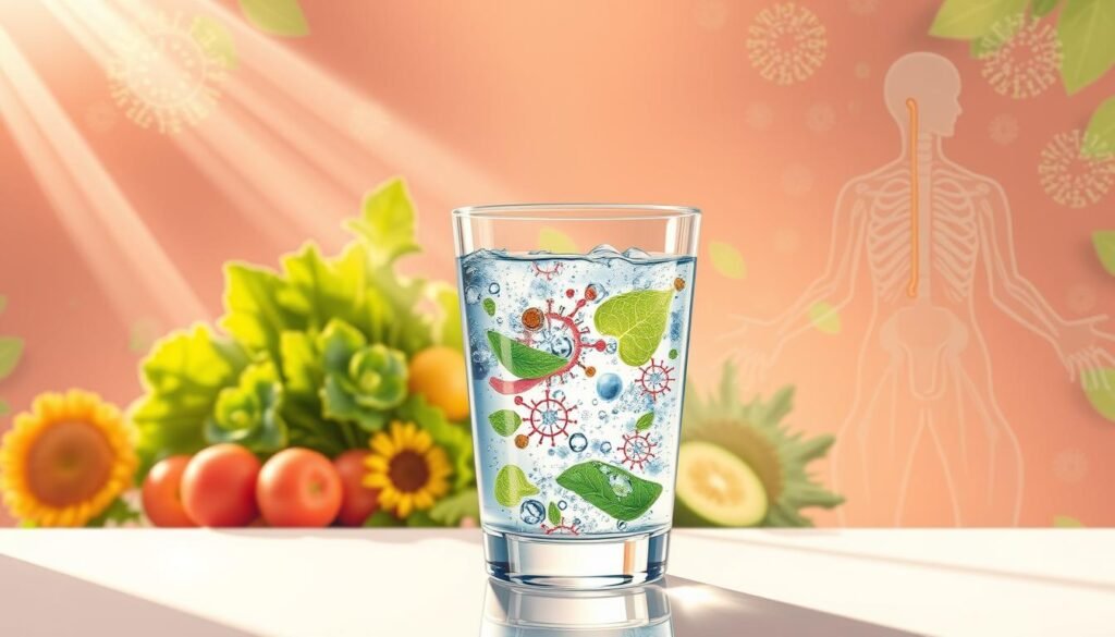 A vibrant, hydration-themed illustration showcasing the synergy between water and immune function. In the foreground, a transparent glass filled with crystalline water, reflecting beams of soft, natural light. In the middle ground, a series of leafy green superfoods, their vibrant hues radiating health and vitality. The background features a stylized anatomical representation of the immune system, with lymph nodes, white blood cells, and other key components highlighted in a warm, soothing color palette. The overall composition conveys a sense of balance, harmony, and the vital role that proper hydration plays in supporting the body's natural defenses.