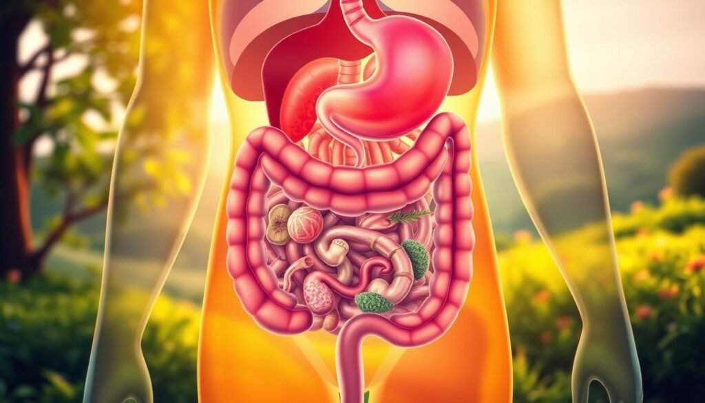 A vibrant illustration of a healthy human digestive system, conveying the inner workings of digestion in a visually engaging manner. The foreground depicts a detailed cross-section of the gastrointestinal tract, showcasing the various organs and processes involved in nutrient absorption and waste elimination. The middle ground features a serene, organic landscape with lush greenery, suggesting the connection between gut health and overall wellbeing. The background is bathed in warm, natural lighting, creating a calming and restorative atmosphere. The overall composition should emphasize the importance of a well-functioning digestive system as the foundation for effective detoxification and liver health.