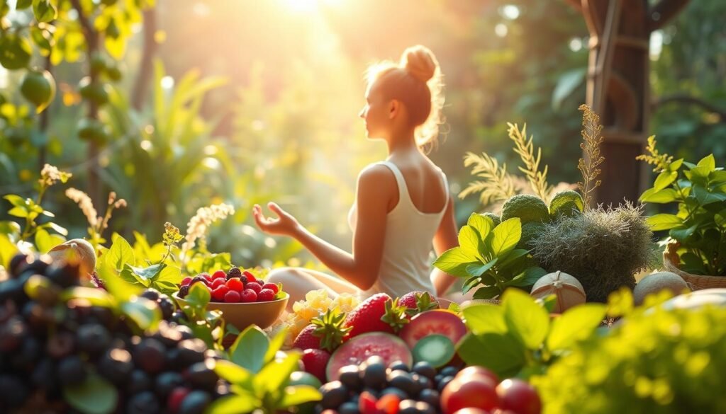 A vibrant, serene scene depicting holistic health and immune system wellness. In the foreground, a person practicing mindful meditation, surrounded by lush greenery and soothing natural elements. The middle ground showcases a variety of nutrient-rich superfoods, such as berries, leafy greens, and immune-boosting herbs. In the background, a warm, golden light filters through the scene, creating a sense of balance and harmony. The overall atmosphere is one of tranquility, vitality, and a deep connection to the natural world, reflecting the lifestyle changes that support a strong, resilient immune system.