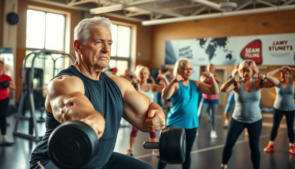 A well-lit gymnasium with warm, natural lighting streaming through large windows. In the foreground, a mature adult, their face serene and determined, is performing a weighted squat, their muscles flexing with controlled power. Surrounding them, middle-aged and older adults engage in a variety of strength training exercises - lifting dumbbells, using resistance bands, and working on core stability. The atmosphere is one of focused, thoughtful movement, with a sense of community and mutual encouragement. The background features sleek, modern exercise equipment and motivational wall graphics, all contributing to an environment that celebrates the pursuit of strength and longevity.