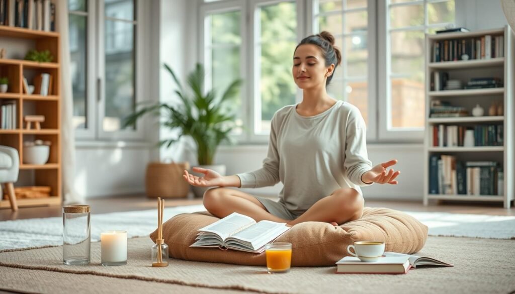 Serene indoor setting, with natural lighting streaming through large windows. In the foreground, a person sitting cross-legged on a plush, earthy-toned floor cushion, practicing mindful meditation, their eyes closed and expression peaceful. Surrounding them, an array of self-care items - scented candles, a journal, and a steaming mug of herbal tea. In the middle ground, a potted plant and a bookshelf filled with inspirational titles on wellness and personal growth. The background features a soothing color palette, with muted earth tones and soft textures creating a calming, restorative atmosphere. The overall scene conveys a sense of tranquility, balance, and effective stress management techniques.