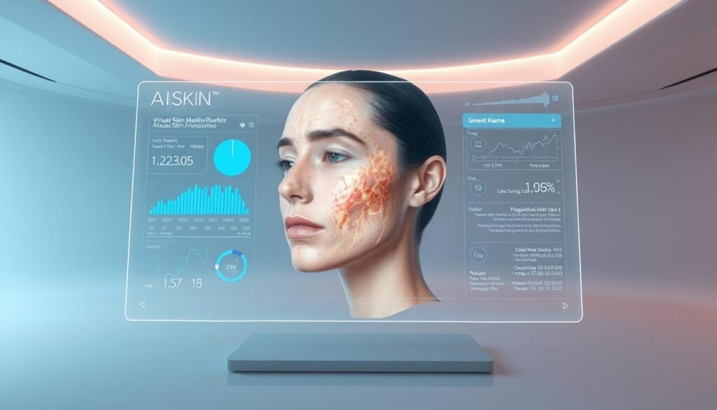 a virtual skin analysis interface displayed on a transparent holographic screen, floating in a minimalist, futuristic environment. The interface shows detailed data visualizations of skin health metrics, texture, pigmentation, and other diagnostic information. The scene is illuminated by a soft, diffused lighting, creating a calm and scientific atmosphere. The camera angle is slightly elevated, providing an overview of the virtual skin analysis technology. The overall impression conveys the advanced capabilities of AI-powered skincare analysis in an immersive, next-generation user experience.